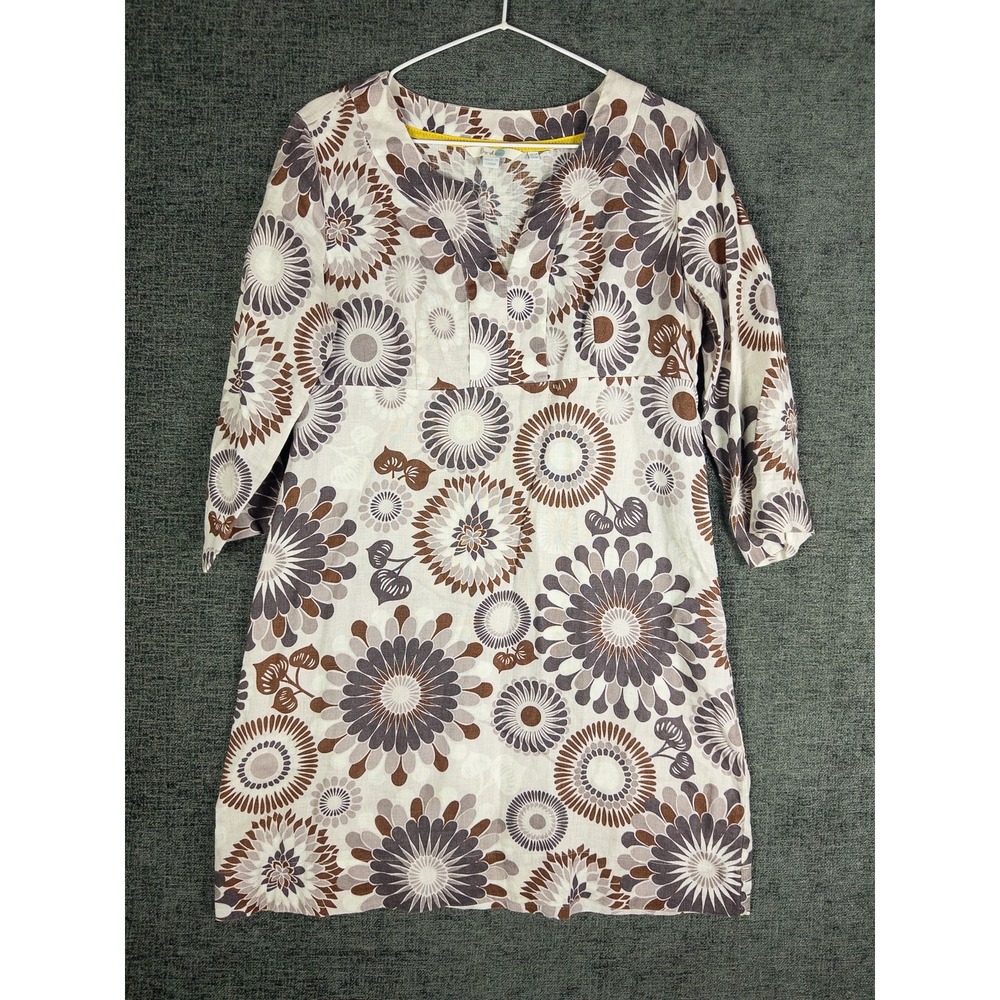 Boden Linen Shift Dress Womens US 8P White Floral Print 3/4 Sleeve Boho